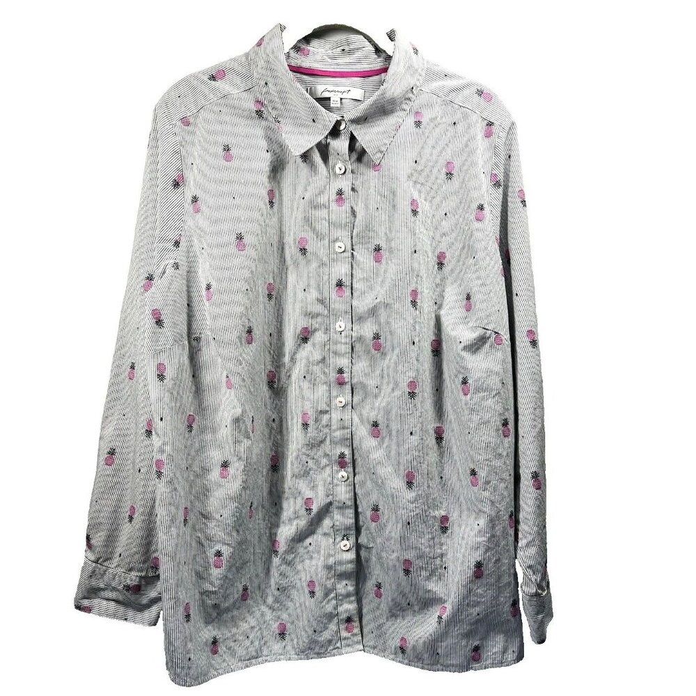 Foxcroft Women Blouse 16 W Relaxed Pink Gray Pineapples‎ Button Up Long Sleeve